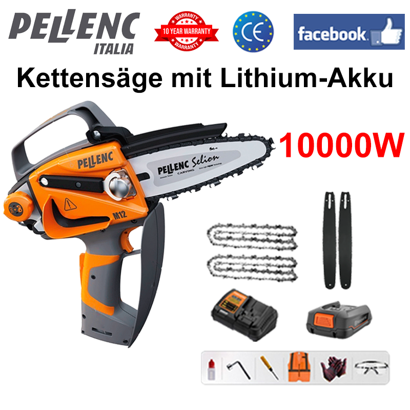 LED-Leistungsanzeige - (Akkulaufzeit 10 Stunden) 10000 W Lithium-Elektrosäge + 1 Akku + Ladegerät + 2 Führungsschienen + 2 Ketten + Werkzeugkasten + Schmiermittel + Schutzbrille