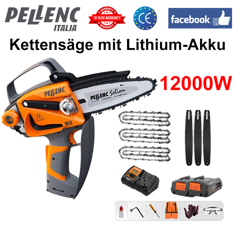 LED-Leistungsanzeige - (16 Stunden Akkulaufzeit) 12000W Lithium-Elektrosäge + Akku *2 + Ladegerät + Führungsstange *3 + Kette *3 + Werkzeugkasten + Schmiermittel + Schutzbrille