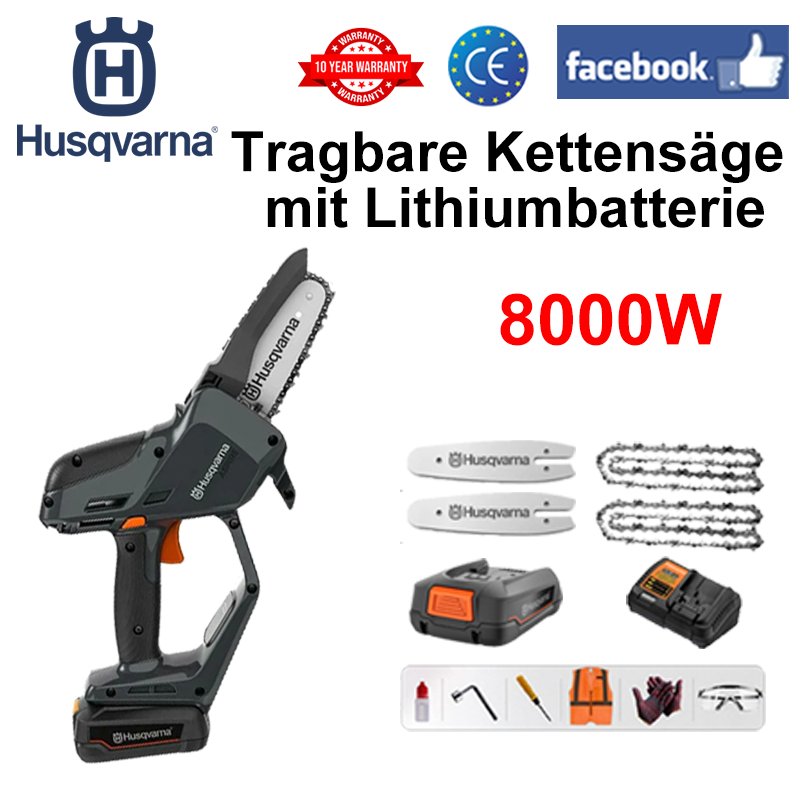 (10 Stunden Akkulaufzeit) 8000W Lithium-Kettensäge + Akku *1 + Ladegerät + Führungsschiene *2 + Kette *2 + Werkzeugkasten + Schmiermittel + Schutzbrille, 3 Jahre Garantie