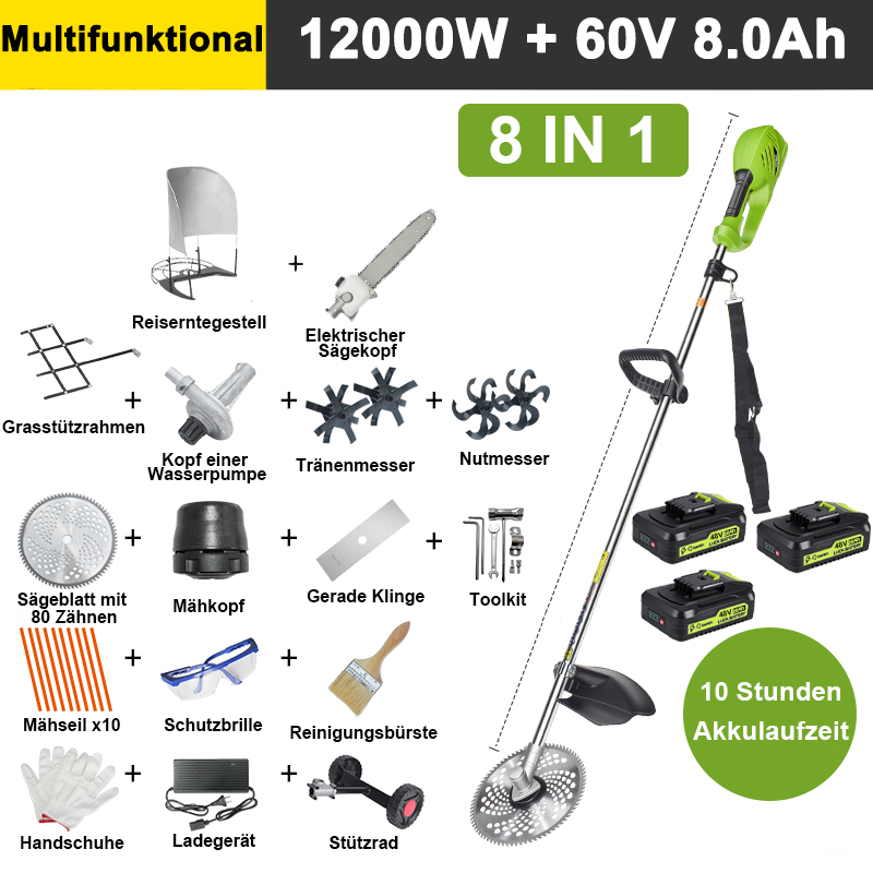【8 in 1】12000W 60V 8.0A Lithiumbatterie*3, Akkulaufzeit 10 Stunden, elektrischer Sägekopf, Lockerungsmesser, Grabenmesser, Wasserpumpe, 80-Zahn-Klinge, Mähkopf, Mähseil*10, gerade Klinge, Stützrad, Rasenstützrahmen, Meterständer, komplettes Zubehörset